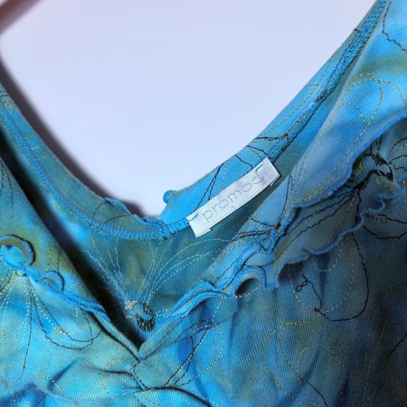 Y2K 2000s Floral Ruffle V-Neck Crop Tank Top – Turquoise Tie-dye – 90s RomCom - Picture 3 of 9